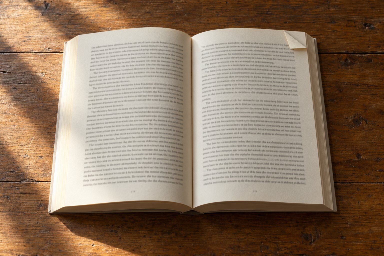 Un libro abierto sobre una mesa de madera, con la esquina de una página doblada.