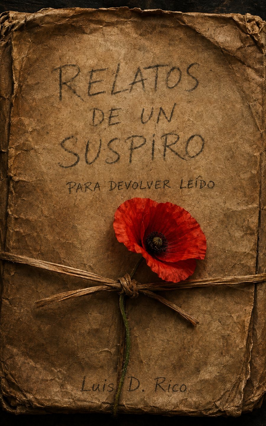 Portada de Relatos de un suspiro: un paquete de papel de estraza atado con esparto y una amapola roja encima.